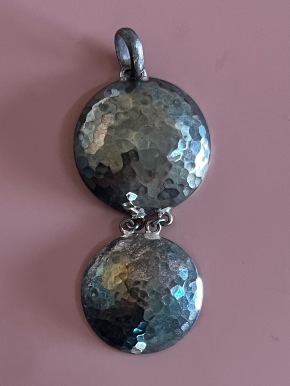 Hammered Double Disc Silver Pendant - Iridescent Tones